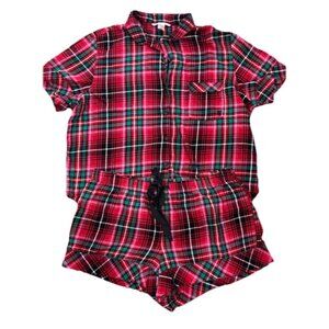 Victoria Secret Christmas Plaid Pajama Set Short Sleeve Button Up Red Large